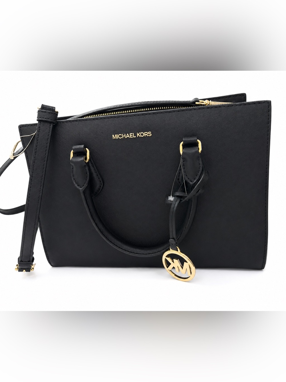 Michael Kors Black Sheila Saffiano Satchel with Gold Hardware